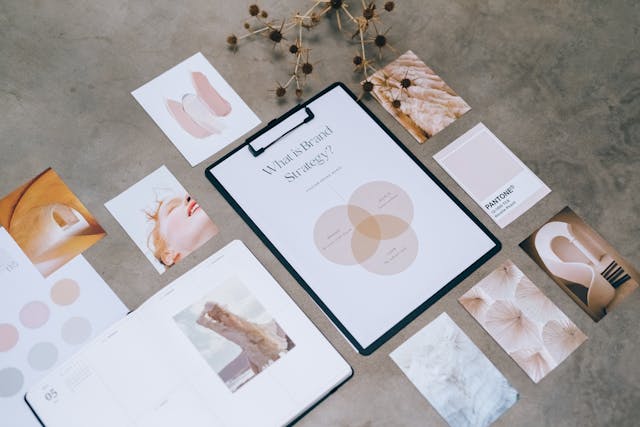 Brand Strategy Brand strategy example along with photos, color tones, and other branding essentials.